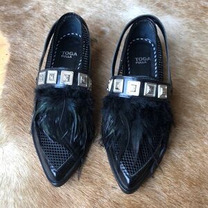 Toga Pulla Black sheer Feather Embellished leather loafers Shoes size 38